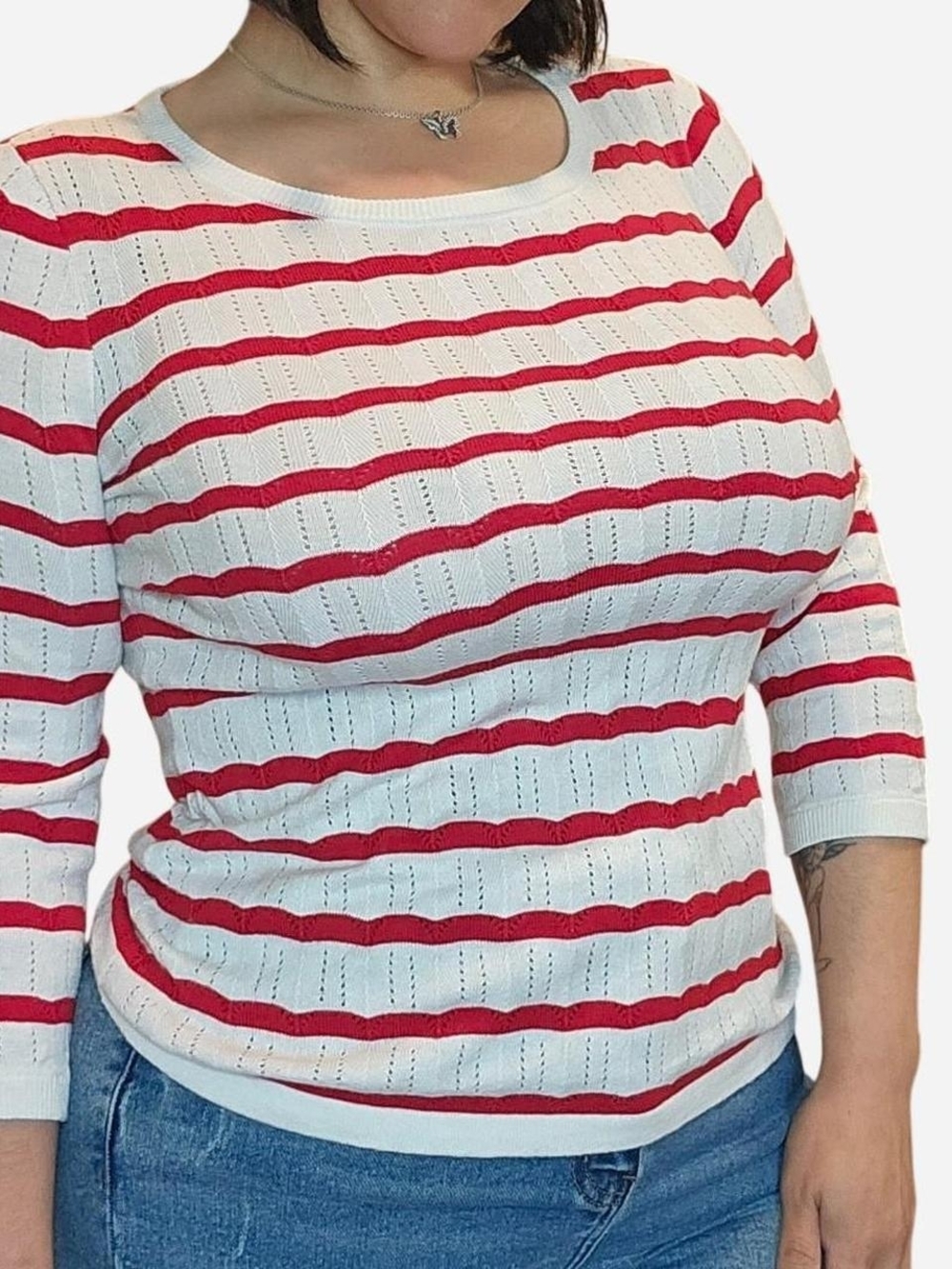 41 Hawthorn White and Red Striped 60s Styled Scoop Neck Knit Top 3/4 Sleeve S
